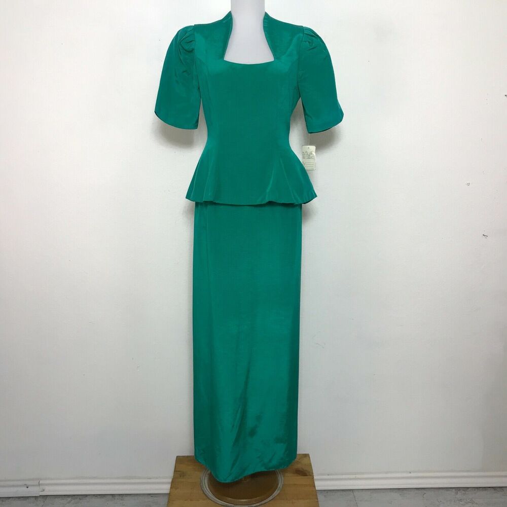 Vintage 1980s Dress Size S Prom Formal‎ Party Green Short Sleeve Womens Peplum